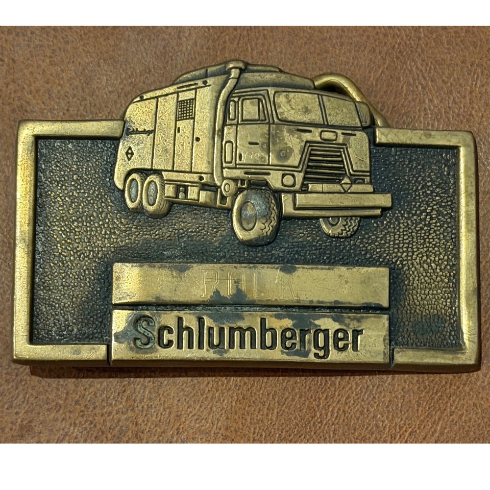 Vintage Schlumberger Brass Belt Buckle Semi Truck WSA Midland TX Oilfield Promo